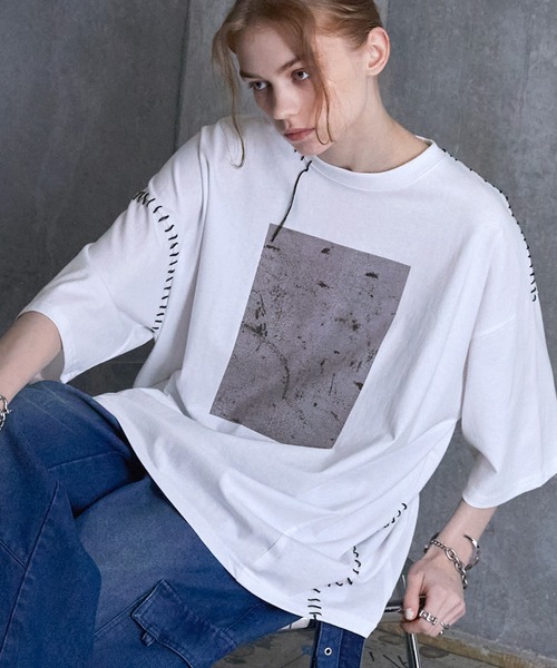 SERACE】ハンドステッチルーズグラフィック半袖Tシャツ　　ホワイトL SERACE tシャツ 「SERACE」Hand stitch loose graphic short