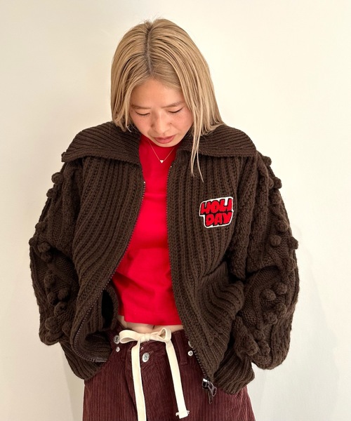 HOLIDAY（ホリデイ）の「WOOL PONPON ZIP-UP KNIT JACKET (TWO STEPS) ウールポンポンジップアップニットジャケット (トゥーステップス)（ニット/セーター・レディース・ホワイト/ブラウン・ONE SIZE）」の3枚目の写真