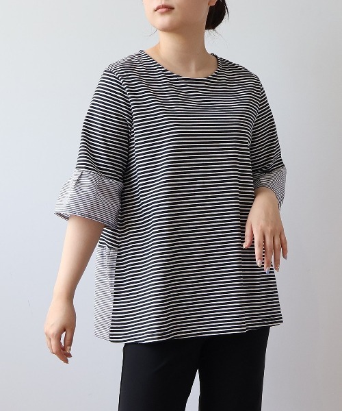 tシャツ 「L〜5L 大きいサイズ」異素材切替えボーダープルオーバー 半袖 カットソー 春夏 レディース L～5L 大きいサイズ】異素材切替えボーダープルオーバー 半袖