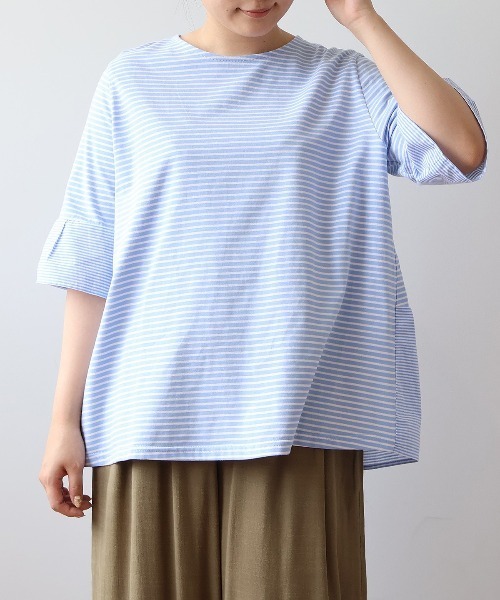 tシャツ 「L〜5L 大きいサイズ」異素材切替えボーダープルオーバー 半袖 カットソー 春夏 レディース L～5L 大きいサイズ】異素材切替えボーダープルオーバー 半袖