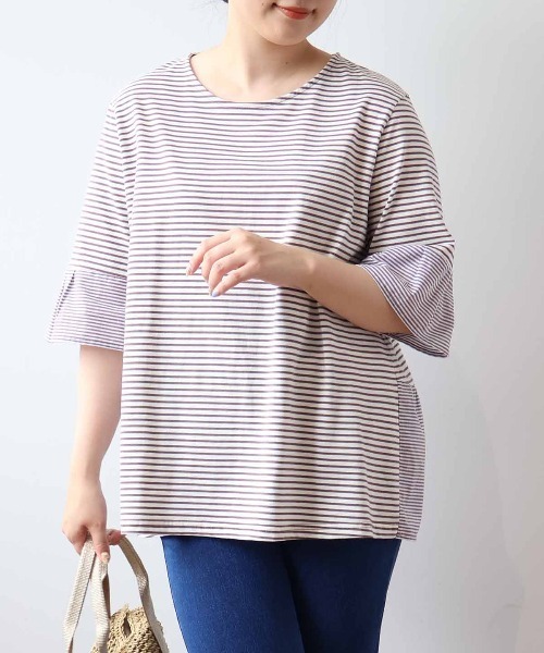 tシャツ 「L〜5L 大きいサイズ」異素材切替えボーダープルオーバー 半袖 カットソー 春夏 レディース L～5L 大きいサイズ】異素材切替えボーダープルオーバー 半袖