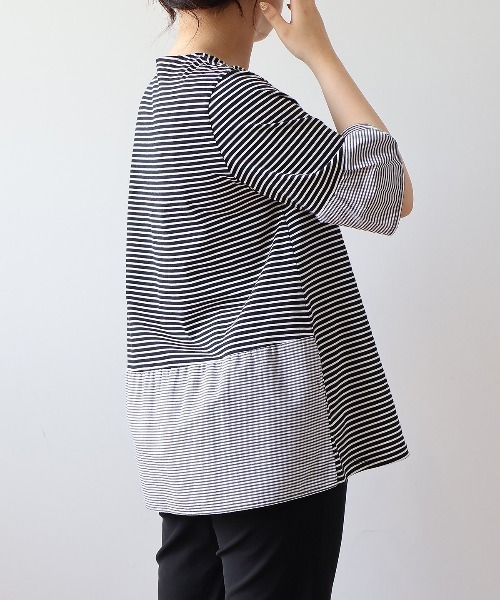 tシャツ 「L〜5L 大きいサイズ」異素材切替えボーダープルオーバー 半袖 カットソー 春夏 レディース L～5L 大きいサイズ】異素材切替えボーダープルオーバー 半袖