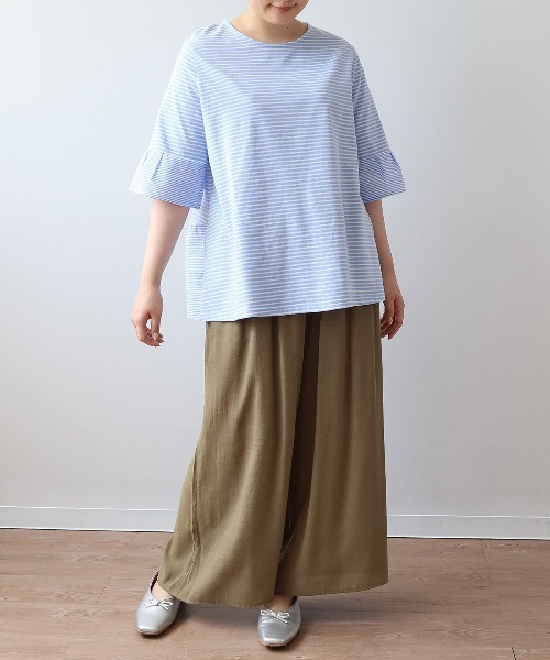 tシャツ 「L〜5L 大きいサイズ」異素材切替えボーダープルオーバー 半袖 カットソー 春夏 レディース L～5L 大きいサイズ】異素材切替えボーダープルオーバー 半袖