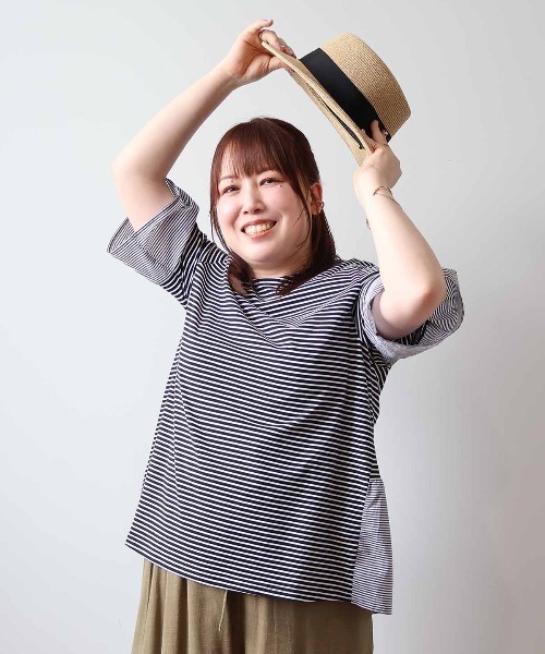 L～5L 大きいサイズ】異素材切替えボーダープルオーバー 半袖
