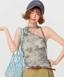 tシャツ タイダイ柄 ロングタイ付き ワンショルダートップス GH25s100「Girlyhalo」 レディース タイダイ柄 ロングタイ付き ワンショルダートップス GH25s100