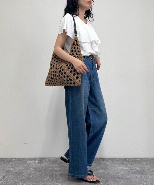 fredy emue（フレディエミュ）の「ペーパー透かし編みワンショルバッグ（かごバッグ・レディース・ベージュ/ブラック・FREE）」の6枚目の写真