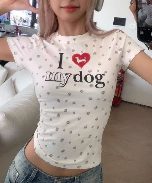 SHEPP(シープ)の「I LOVE MY DOG T -shirt アイラブマイドッグTシャツ(Tシャツ/カットソー・レディース・グレー/レッド・M)」の1枚目の写真