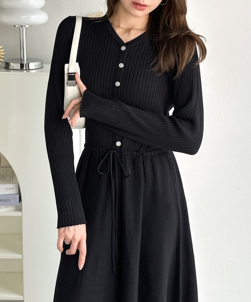 黒 リブ編み 長袖ニット ウエストリボン付き セール】一枚で上品なラク可愛いが完成！ウエストリボンニット