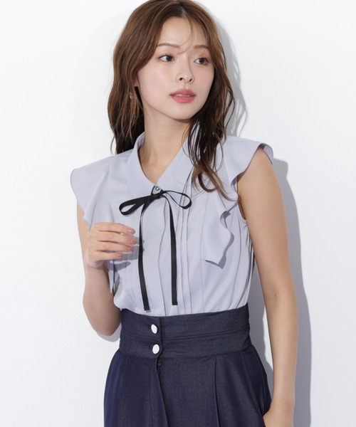セール】◇リボン付きピンタックノースリーブブラウス（シャツ