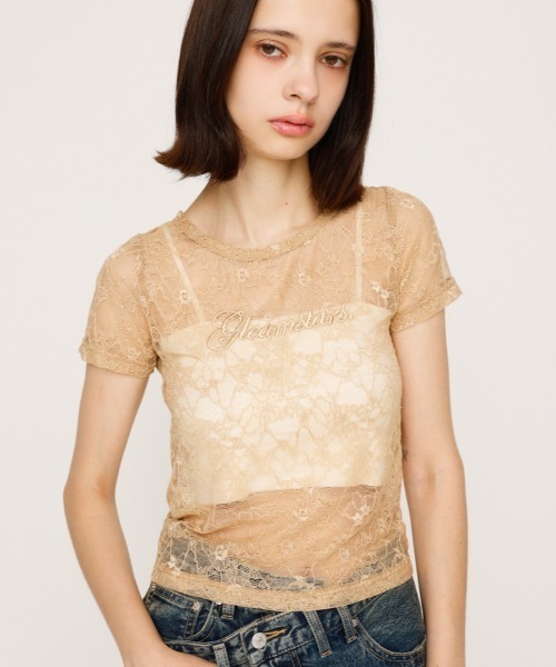 SLY(スライ)の「CUT LACE EMBROIDERY T/SH カット レース エンブロイダリー Tシャツ 夏服 秋服 半袖 シアートップス(Tシャツ/カットソー・レディース・ブラック/ベージュ・FREE)」の1枚目の写真