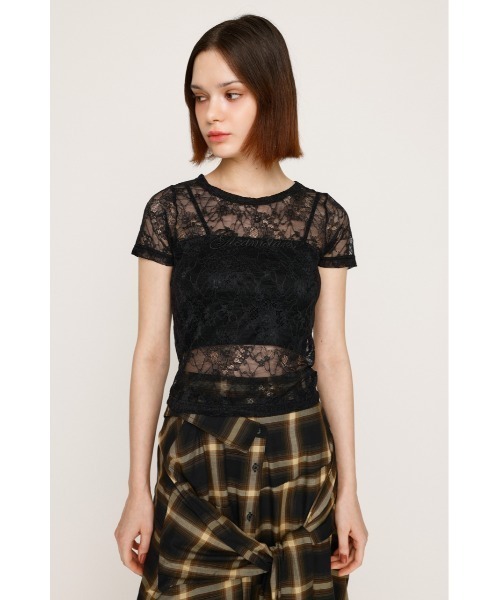 SLY(スライ)の「CUT LACE EMBROIDERY T/SH カット レース エンブロイダリー Tシャツ 夏服 秋服 半袖 シアートップス(Tシャツ/カットソー・レディース・ブラック/ベージュ・FREE)」の4枚目の写真