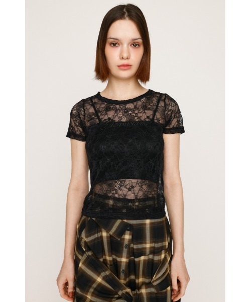 SLY(スライ)の「CUT LACE EMBROIDERY T/SH カット レース エンブロイダリー Tシャツ 夏服 秋服 半袖 シアートップス(Tシャツ/カットソー・レディース・ブラック/ベージュ・FREE)」の5枚目の写真