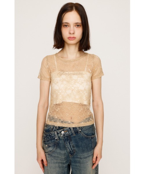 SLY(スライ)の「CUT LACE EMBROIDERY T/SH カット レース エンブロイダリー Tシャツ 夏服 秋服 半袖 シアートップス(Tシャツ/カットソー・レディース・ブラック/ベージュ・FREE)」の8枚目の写真