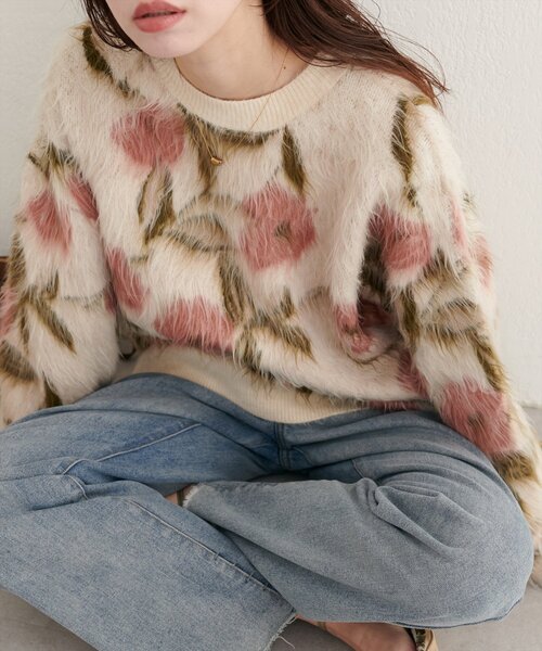 花柄ジャガードシャギーニットプルオーバー（ニット/セーター