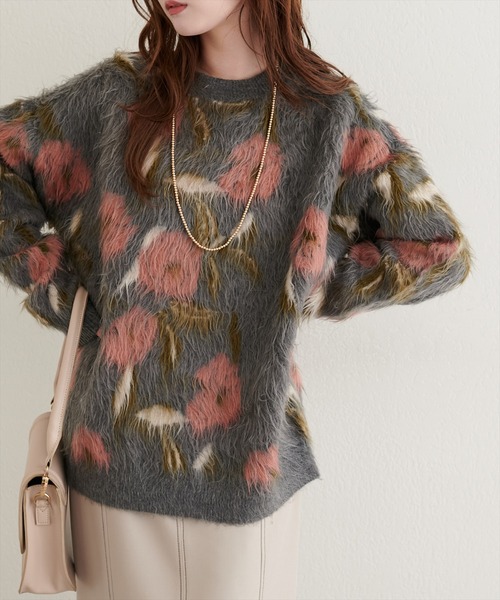 セール】花柄ジャガードシャギーニットプルオーバー（ニット