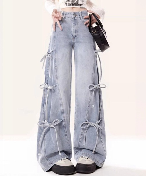 yuue' ( wear )(ユーイ)の「サイドリボンワイドデニムパンツ(デニムパンツ・レディース・ライトブルー・L/M/S)」の6枚目の写真