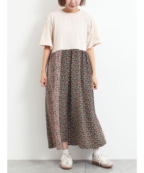 セール】パッチワーク花柄ドッキングワンピース（ワンピース