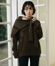 v neck knit pullover shawl set /Vネックショール付き長袖ニットプルオーバー
