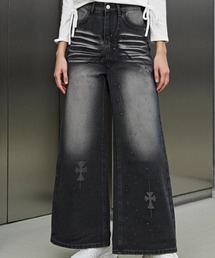 A'GEM/9 × .kom 『.KOM/ドットケーオーエム』Rhinestone Washed Wide Denim Pants/ラインストーンウォッシュワイドデニム