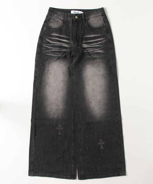 .KOM(ドットコム)の「A'GEM/9 × .kom 『.KOM/ドットケーオーエム』Rhinestone Washed Wide Denim Pants/ラインストーンウォッシュワイドデニム(デニムパンツ・レディース・ブラック・M)」の5枚目の写真