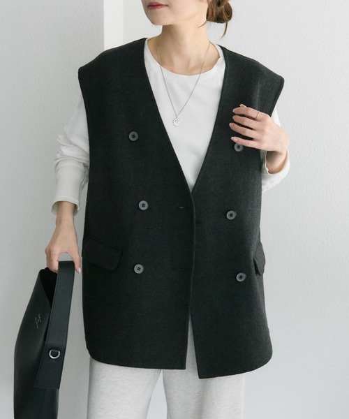 PUAL CE CIN（ピュアルセシン）の「ハンドメイド風ウール混ジレベスト（その他アウター・レディース・ブラック/チャコールグレー・FREE）」の6枚目の写真