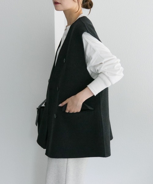 PUAL CE CIN（ピュアルセシン）の「ハンドメイド風ウール混ジレベスト（その他アウター・レディース・ブラック/チャコールグレー・FREE）」の7枚目の写真