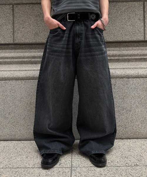 ダメージ加工ブラックデニムパンツ DIRTY DAMAGE BAGGY DENIM PANTS／ヴィンテージライクダメージバギー