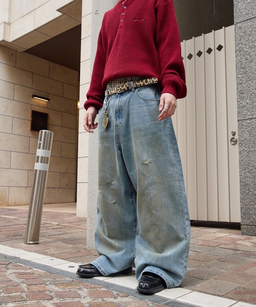 セール】DIRTY DAMAGE BAGGY DENIM PANTS／ヴィンテージライクダメージ 