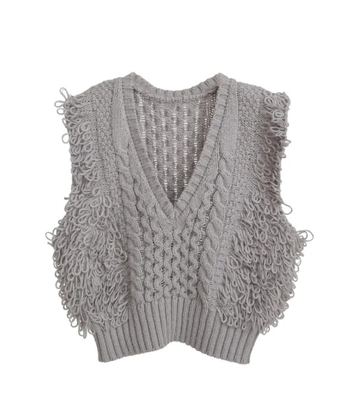 merrylatte（メリーラテ）の「ショートフリンジニットベスト（ベスト・レディース・アイボリー/ブラック/グレー・FREE）」の20枚目の写真