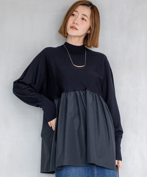 23区 L(ニジュウサンクオオキイサイズ)の「【洗える】ギャザープルオーバー コンビ ニット(ニット/セーター・レディース・ブラック系/ネイビー系/ベージュ系・44/46)」の2枚目の写真