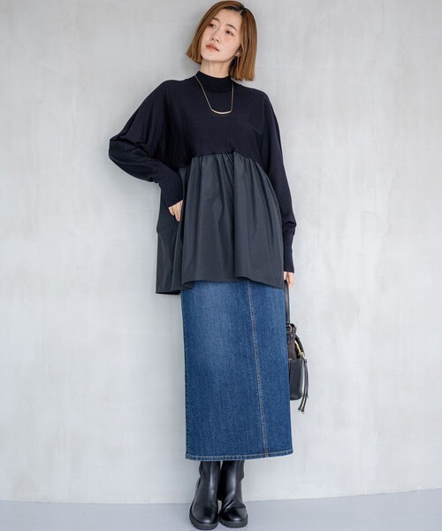 23区 L(ニジュウサンクオオキイサイズ)の「【洗える】ギャザープルオーバー コンビ ニット(ニット/セーター・レディース・ブラック系/ネイビー系/ベージュ系・44/46)」の8枚目の写真
