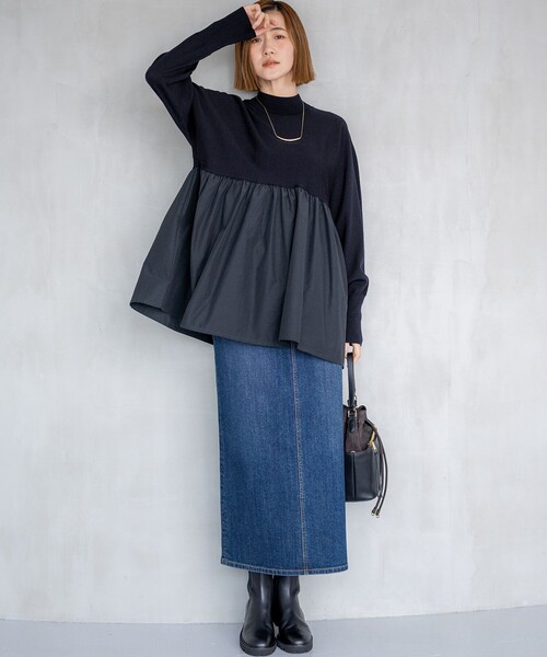 23区 L(ニジュウサンクオオキイサイズ)の「【洗える】ギャザープルオーバー コンビ ニット(ニット/セーター・レディース・ブラック系/ネイビー系/ベージュ系・44/46)」の9枚目の写真