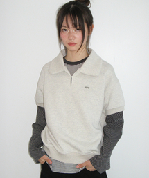 BUTTONED COLLAR HALF T SHIRT OATMEAL