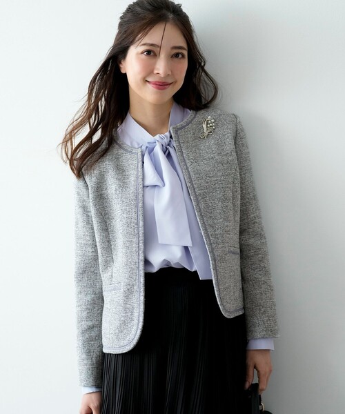 ANY SIS(エニィスィス)の「ライトストレッチ ツイード ジャケット(ノーカラージャケット・レディース・ネイビー系6/ライトグレー系6・X-SMALL)」の1枚目の写真