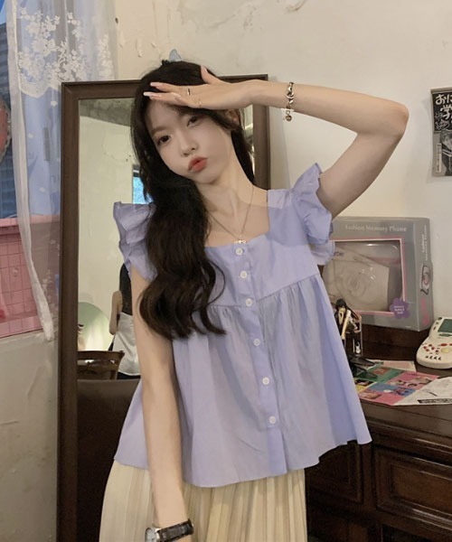 i-dare(アイディア)の「【i-dare】フリル フレンチ スリーブ ブラウス(シャツ/ブラウス・レディース・アイボリー/パープル/グリーン・MEDIUM/X-LARGE/LARGE)」の3枚目の写真