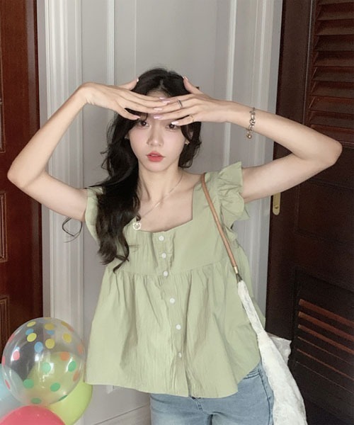 i-dare(アイディア)の「【i-dare】フリル フレンチ スリーブ ブラウス(シャツ/ブラウス・レディース・アイボリー/パープル/グリーン・MEDIUM/X-LARGE/LARGE)」の2枚目の写真