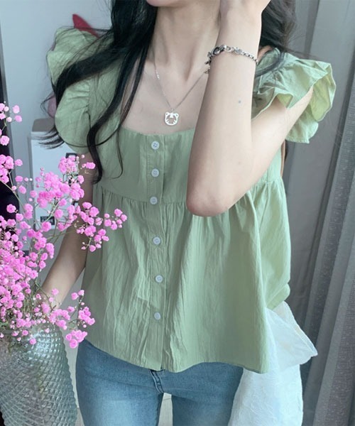 i-dare(アイディア)の「【i-dare】フリル フレンチ スリーブ ブラウス(シャツ/ブラウス・レディース・アイボリー/パープル/グリーン・MEDIUM/X-LARGE/LARGE)」の6枚目の写真