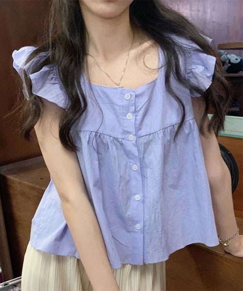 i-dare(アイディア)の「【i-dare】フリル フレンチ スリーブ ブラウス(シャツ/ブラウス・レディース・アイボリー/パープル/グリーン・MEDIUM/X-LARGE/LARGE)」の8枚目の写真