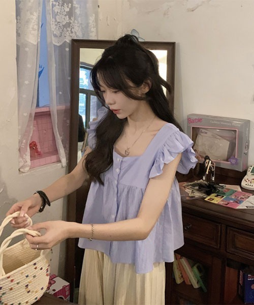 i-dare(アイディア)の「【i-dare】フリル フレンチ スリーブ ブラウス(シャツ/ブラウス・レディース・アイボリー/パープル/グリーン・MEDIUM/X-LARGE/LARGE)」の9枚目の写真