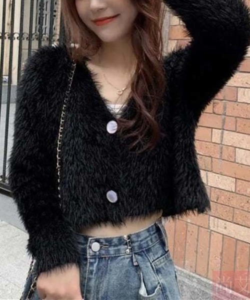 VIBGYOR(ヴィブジョー)の「【EIZZ/アイズ】シャギーニット Vネック クロップドカーディガン(カーディガン/ボレロ・レディース・パープル/ホワイト/ブラック/ブルー・FREE)」の1枚目の写真