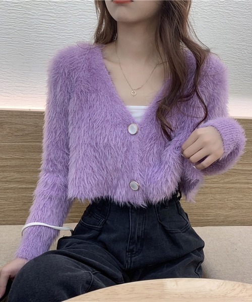 VIBGYOR(ヴィブジョー)の「【EIZZ/アイズ】シャギーニット Vネック クロップドカーディガン(カーディガン/ボレロ・レディース・パープル/ホワイト/ブラック/ブルー・FREE)」の6枚目の写真