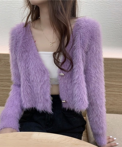 VIBGYOR(ヴィブジョー)の「【EIZZ/アイズ】シャギーニット Vネック クロップドカーディガン(カーディガン/ボレロ・レディース・パープル/ホワイト/ブラック/ブルー・FREE)」の8枚目の写真