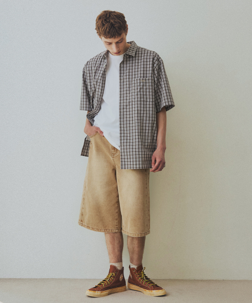 NODU（ノードユー）の「チェックボクシー ハーフストリートシャツ [ベージュ]（シャツ/ブラウス・レディース・その他・SMALL/MEDIUM/LARGE）」の3枚目の写真