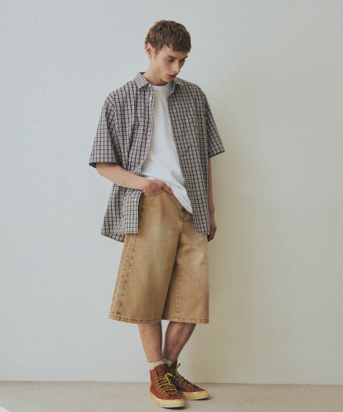 NODU（ノードユー）の「チェックボクシー ハーフストリートシャツ [ベージュ]（シャツ/ブラウス・レディース・その他・SMALL/MEDIUM/LARGE）」の4枚目の写真