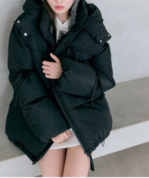 リボンブルゾン フード付きオーバーサイズダウンジャケット ブラック セール】リボンエコダウンミドル丈ブルゾン（ダウンジャケット/コート