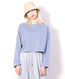 ルーズフィット無地クロップ長袖Tシャツスカイブルー