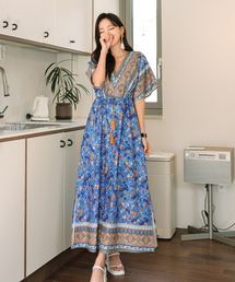 HERRINGBONE（ヘリンボーン）の「Vネック半袖ヒッピーマキシボヘミハンビッグサイズ夏ロングビーチワンピース/ HG148W（ワンピース）」