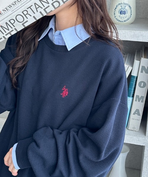 U.S. POLO ASSN.（ユーエスポロアッスン）の「GeeRA別注【U.S.POLOASSN.】オーバーサイズワッフルトップス（Tシャツ/カットソー・レディース・ネイビー/ライトピンク/杢グレー・MEDIUM/X-LARGE/LARGE）」の2枚目の写真