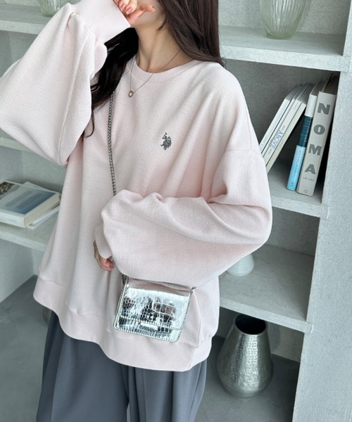 U.S. POLO ASSN.（ユーエスポロアッスン）の「GeeRA別注【U.S.POLOASSN.】オーバーサイズワッフルトップス（Tシャツ/カットソー・レディース・ネイビー/ライトピンク/杢グレー・MEDIUM/X-LARGE/LARGE）」の3枚目の写真