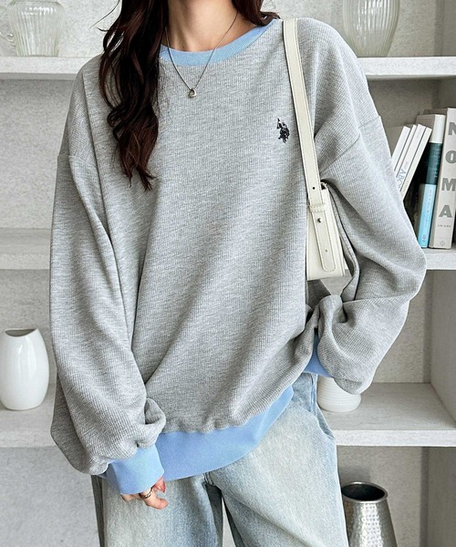 U.S. POLO ASSN.（ユーエスポロアッスン）の「GeeRA別注【U.S.POLOASSN.】オーバーサイズワッフルトップス（Tシャツ/カットソー・レディース・ネイビー/ライトピンク/杢グレー・MEDIUM/X-LARGE/LARGE）」の4枚目の写真